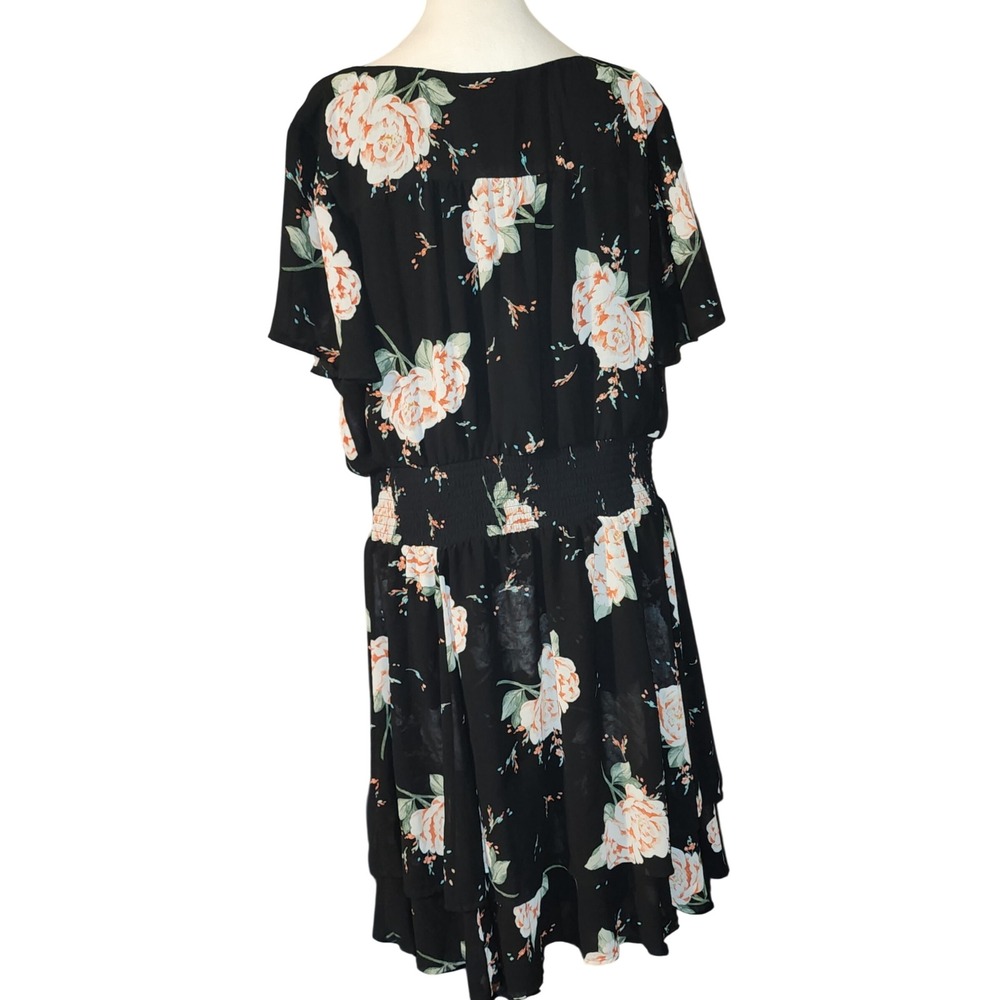 Torrid Womens Plus Size 2 Black Floral Rose Smocked Waist Tiered Chiffon Dress - Picture 3 of 7
